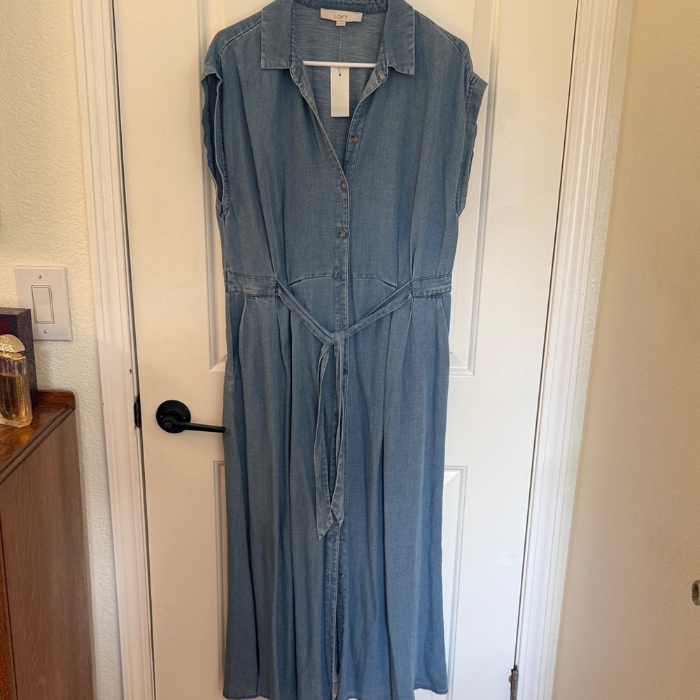 LOFT Light Blue Button-Down Midi Dress